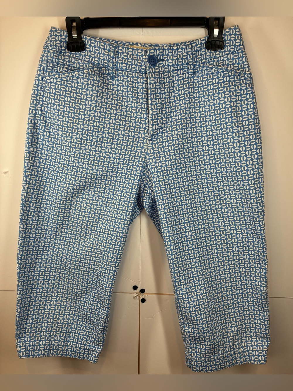 St. John's Bay Stretch Capri Pants Blue White Geometric Print Women’s Size 8